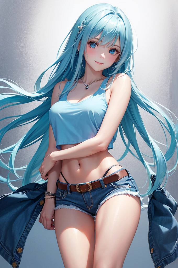 Best Quality,High resolution,8k,(plain white background, no patterns, no textures, just a plain white background:1.3),Masterpiece:1.2),beautiful girl,Shiny light blue hair,messy hair,Light blue eyes,A girl dressed in a light, sleeveless denim jacket over a skull print tank top, paired with cutoff shorts and combat boots, embracing a summer rock aesthetic,Gentle look,A refreshing look,smile,Best quality,Best Quality,Aesthetic and aesthetic:1.2,Best details((Super detailed))(High-definition CG illustrations),Slender body,smile,blush,cute,Scrounge,Looking up,Being spoiled,super model