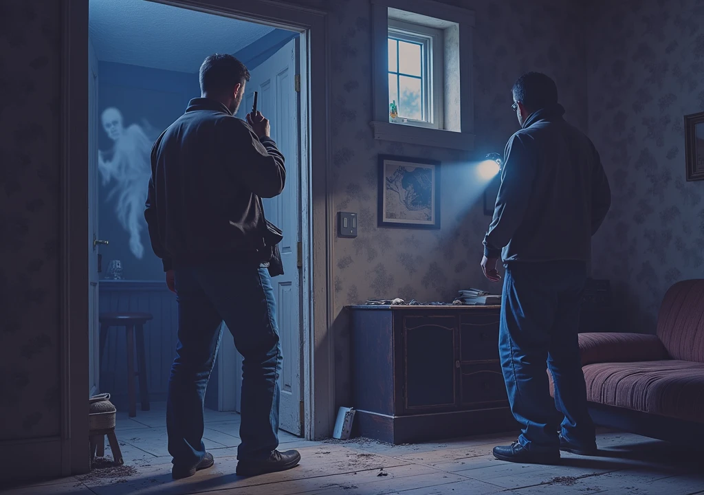 (3 Men:1, no light, no lamps, Moonlight from the window, Dark room:1), various positions in the room, one at the back by the door, in the middle a man with a walkie talkie, Flashlight in hand, Flashlight illuminates the room, Ghost Hunt, (evil spirit of a deceased person very blurred in the background, ghost to recognize in the photo), (design from the game Phasmophobia, items from the game Phasmophobia), old wooden house, Photo taken from a digital camera, amateur photo, blue filter due to poor camera quality