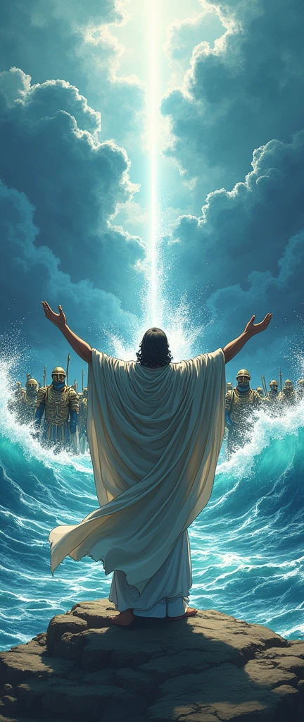 Anime Moses hitting the sea and splitting it in half and behind him Pharaoh's soldiers
