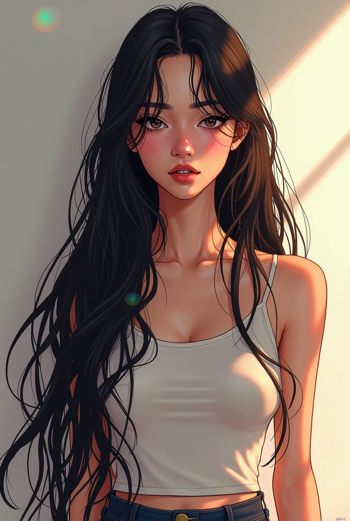 A young woman , 独奏, longye hair, very long hair, tusk, ass pov, Lens flare, minimalism, Decoration art, high resolution, Masterpiece artwork, precise, Teeth fangs, slightly-smile, simple background, Chromatic aberration, Lines of action, minimalism, illustration, 