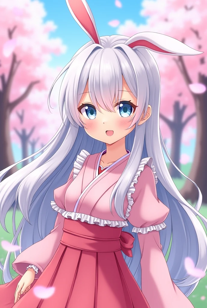 Anime girl kawaii with white long hair blue eyes bunny ears and pink japanese uniform