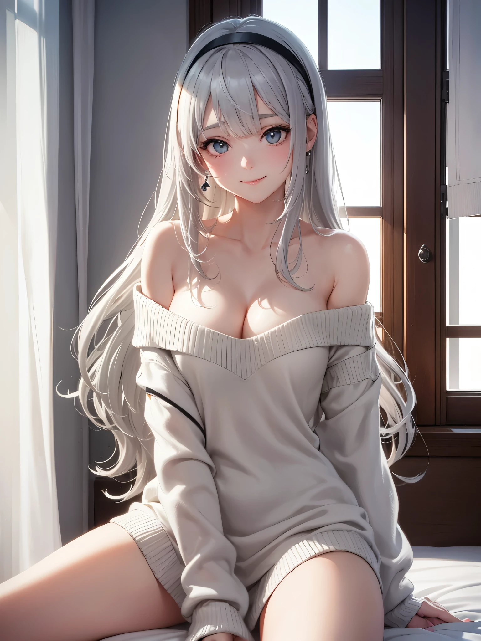 1Girl, Solo, Anime, Proportional body, (Cleavage, Small Breast). Beautiful, Gorgeous, Fresh, Blunt Bangs, (White Grey Hair:1.5),(Straight and Wavy Long Hair:1.3), Virgin Sweater, Off-Shoulder, Oversize Sweater, Cotton Sweater, No BRA, Loose Cloth, Cotton, Texture Wool. (Sitting:1.3). Just Wake Up, Earrings, Thin Black Headband, Green Accessories, Environmental Details, Bed Room, Natural Light, Modern Bed, Chair, Window, White Curtain, City View. pov, anime style, UHD, retina, masterpiece, accurate, anatomically correct, textured skin. High Resolution, Looking at viewer, Blush, Best Quality, Award Winning, Accurate, Embarrassed, seductive smile, Body sweating, Naughty Face, Naughty smile, Gradient Eye Color, Sexy pose, Cowboy Shot, Perfect Angle.