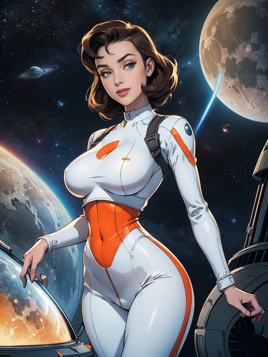 (masterpiece, top quality, best quality, official art, beautiful and aesthetic:1.2), (1girl:1.3), light freckles, fair skin, extremely detailed, portrait, looking at viewer, solo, (full body:0.6), detailed background, close up, (bright space pinup theme:1.1), busty 1950's pinup brunette space girl, charlatan, smiling, happy, mysterious, spacewalk, modest attire, white and orange space suit, spacesuit, helmet, bodysuit, ray gun, long boots, pouches, jetpack, glass helmet, rocket ship, ((((narrow hips, slim sexy body, medium breasts)))), slim waist, slim hips, long legs, futuristic (moon exterior:1.1) background, dark mysterious lighting, shadows, magical atmosphere, dutch angle,