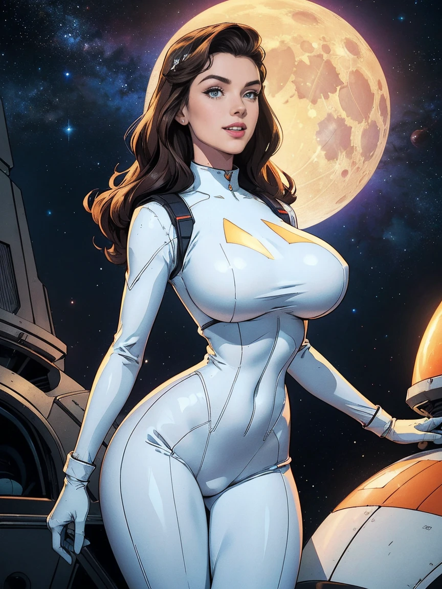(masterpiece, top quality, best quality, official art, beautiful and aesthetic:1.2), (1girl:1.3), light freckles, fair skin, extremely detailed, portrait, looking at viewer, solo, (full body:0.6), detailed background, close up, (bright space pinup theme:1.1), busty 1950's pinup brunette space girl, charlatan, smiling, happy, mysterious, spacewalk, modest attire, white and orange space suit, spacesuit, helmet, bodysuit, ray gun, long boots, pouches, jetpack, glass helmet, rocket ship, ((((narrow hips, slim sexy body, medium breasts)))), slim waist, slim hips, long legs, futuristic (moon exterior:1.1) background, dark mysterious lighting, shadows, magical atmosphere, dutch angle,