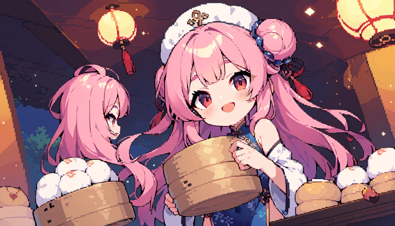 masterpiece, Highest quality, 8k, Pixel art, Pixel art, Vivid, ((1girl)), young woman, smile, cute, Turning at an angle, Open your mouth, Fluffy hair, Long Hair, Hair like sheep's hair, Pink Hair, eyebrow, 太いeyebrow, China dress, Chignon Cap, (Highest quality:1.0), (China Hotel), Holding a bamboo steamer in both hands, A sheep is riding, Circular red rotating table