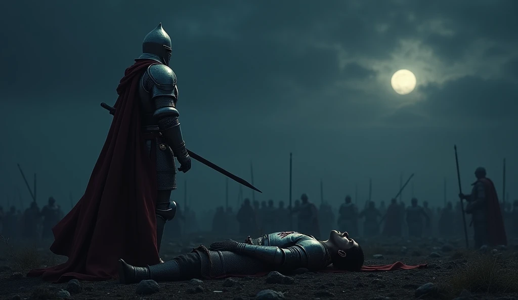 A highly realistic, high-contrast, 8K HD, detailed, hyper-detailed image of a medieval knight standing on a battlefield at night, saluting a fallen comrade with deep respect. The knight, clad in steel armor with a lion emblem on his tunic and helmet fully covering his face, stands solemnly beside the body of his fallen companion. The battlefield around them is dimly lit by the faint light of the moon and stars, with the remnants of combat scattered across the ground. The focus is on the knight as he pays his respects, creating a poignant and somber atmosphere. The image captures the honor and camaraderie shared among the knights, with the darkness of night enhancing the solemnity of the moment. The image is of the highest quality, with ultra-high resolution, RAW photo quality, and Unreal Engine rendering, showcasing the profound moment of tribute and the unspoken bond between the knight and his fallen brother, both bearing the lion emblem on their armor.
