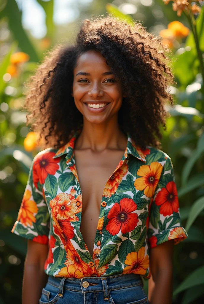 A Brazilian woman in a lush tropical garden, wearing an open shirt with a floral print, with a close-up capturing the harmonious beauty between her breasts and the natural flowers, showing off your natural charm and outgoing personality.