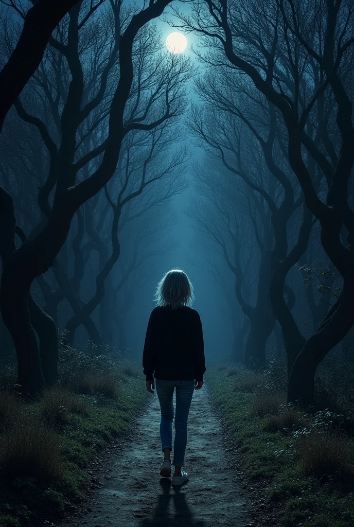 A dark forest at night, with a lighter dirt path, and a girl with gray hair walking with her back to the screen, she wears jeans and a black sweatshirt
