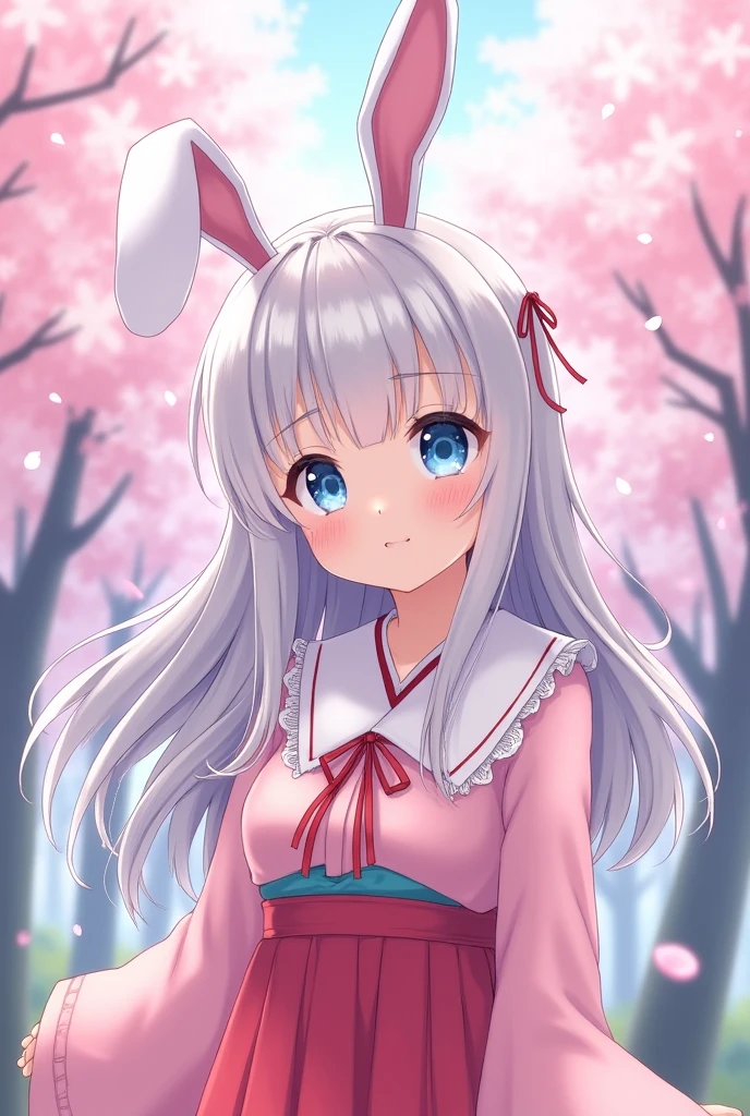 Anime girl kawaii with white long hair blue eyes bunny ears and pink japanese uniform