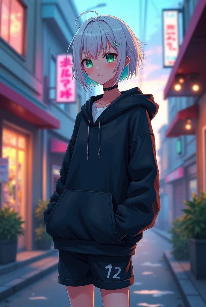 (anime type) a feminine-looking guy, with short, albino hair and green aquamarine eyes, with slim body, with a white shirt and a black sweatshirt, He's wearing short pants