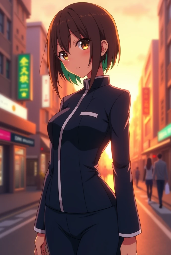 An anime protagonist with brown hair who has a strand of a different color, I want a simple but stylish Japanese uniform.