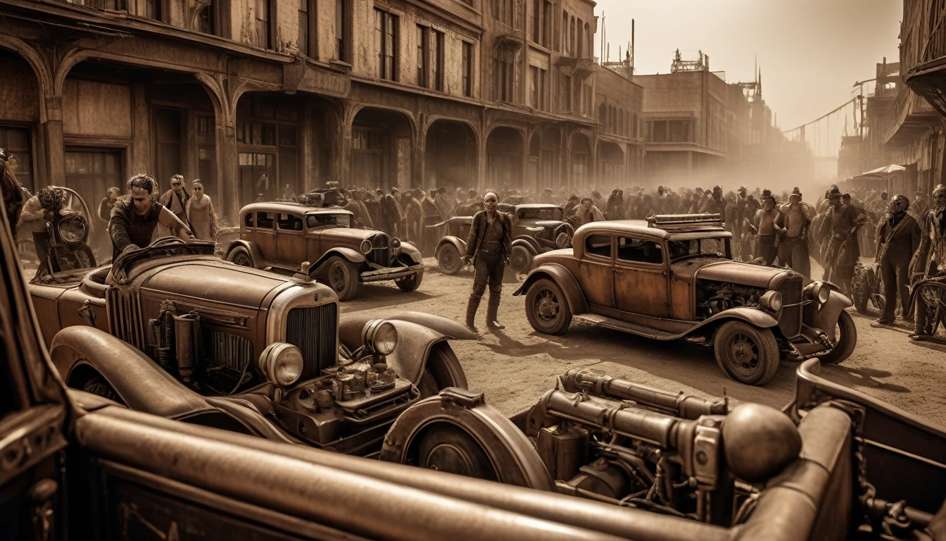 Very old photograph only in sepia color, in medium close-up, ((4punk 4characters in a chaotic scenes from the Mad Max film, cinematic universe inspired by the 1920s by Fritz Lang)), in an art deco setting from the film Metropolis, inspired by Metropolis by Fritz Lang. Directed by Fritz Lang. ((Cinematic Film)), Ultra Detailed, Chiaroscuro, Intricate, Sharp Focus, 1920s Object Texture, Studio Shot, Intricate Details, Highly Detailed, Photo Real Style, Hyper-Realistic, High Dynamic Range, B&em , realistic textures, 8k UHD, Nikon D 850, Portra Kodak 400, fujifilm XT, 3D rendering