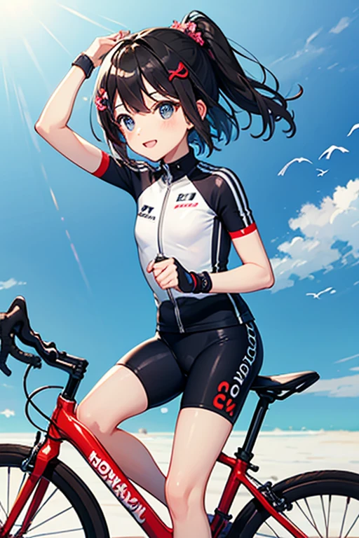 Highest quality、Black Hair、Iris、short hair、、cute、、、Small hair ornament、1 person、ride a bicycle、A happy look、Healthy and bright、Competitive cycling wear、cycling