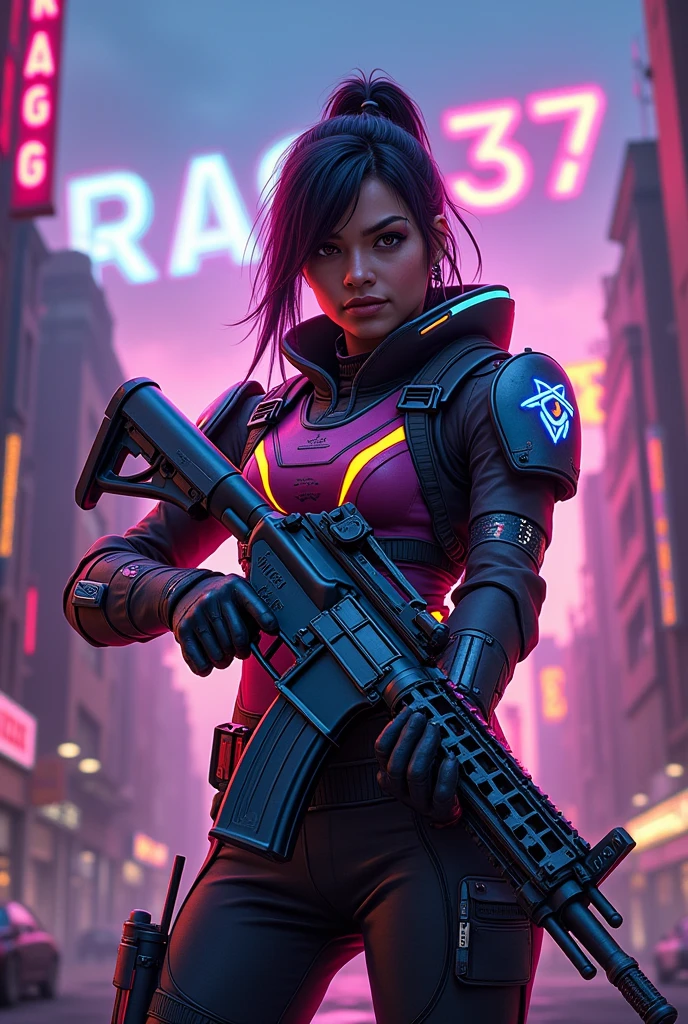Create a freefire character in hand a nice gun and name big name logo  RAG 37 And good background