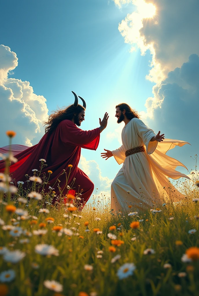 Jesus fighting with the devil and winning the fight on a grassy field during the day