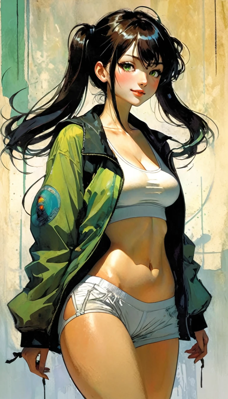 Pigtails,from below, a cartoon woman wearing a pair of shorts and a white tank top, 1girl, solo, navel, shorts, jacket, cleavage, long hair, sports bra, looking at viewer, black hair, simple background, black jacket, open jacket, sweat, smile, open mouth, brown eyes, white shorts, dolphin shorts, mole, thigh gap, open clothes, bangs, collarbone, pantyhose, sleeves past wrists,anna yamada, long hair, bangs, black hair, brown eyes,multicolored hair,Akakura Artstyle, expressive eyes, thin lineart, clean lineart, soft color palette, minimalist, contrasting colors, pastel tones and green, saturation moderate, delicate lineart, hair has a natural movement with strands, eroticism, sexy, black and white image, between shadows, oil painting, chiaroscuro, sensual, dramatic lighting, moody atmosphere, photorealistic, intricate details, masterpiece, ultra-detailed, high quality, 8k, best quality, realistic, cinematic, dark and brooding, expressionistic, powerful composition, emotional impact, art inspired by Bill Sienkiewicz and Dave McKean
