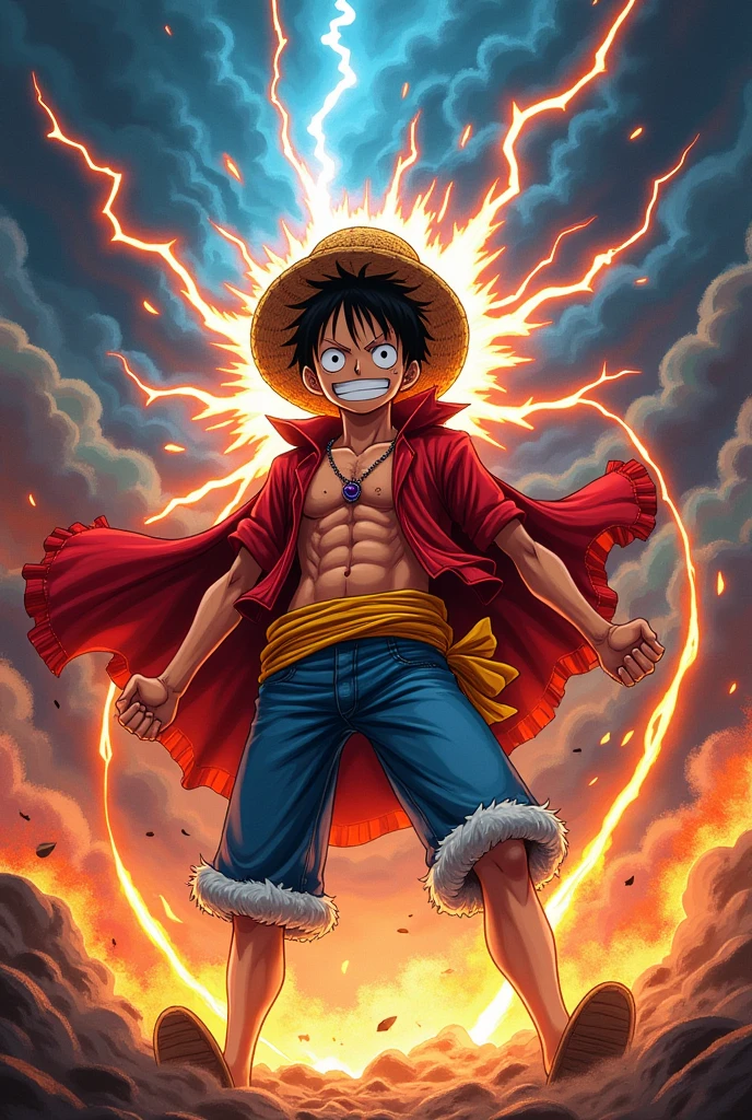 Create an image of Luffy in the drawing style of Demon Slayer with his Gear 5.