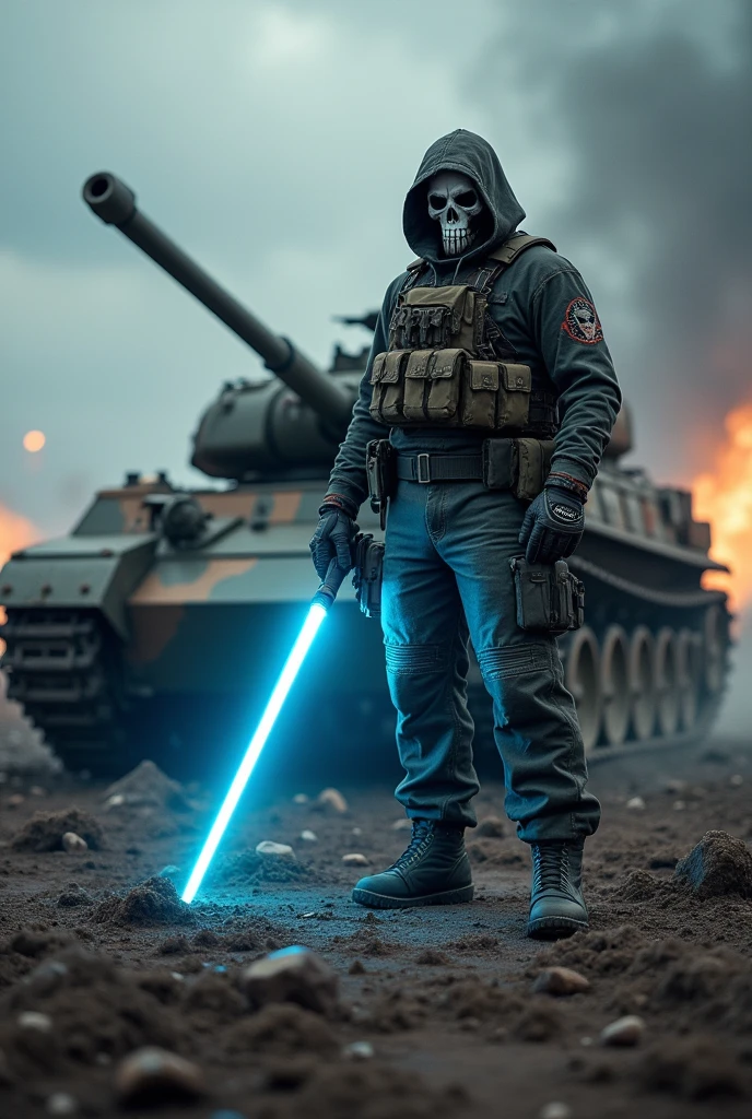 Ghost from Call of Duty wielding a lightsaber next to a Tiger 2 tank.