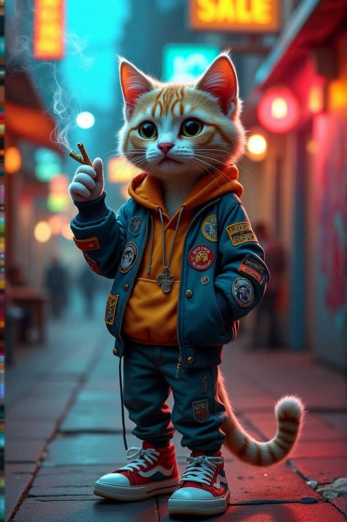 Cat stands smoking weed and were jacket and shose