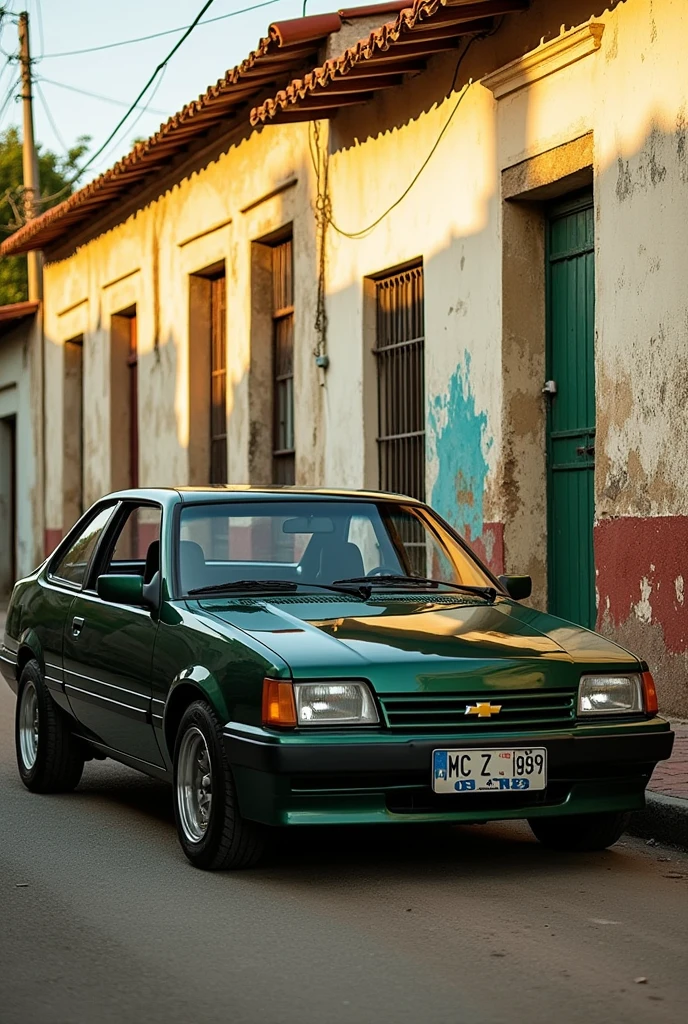 Dark green modern Chevette painting with a diagonal Chevrolet logo and license plate MCZ 1989 in front of a street with old and aged houses in the northeast of Brazil.