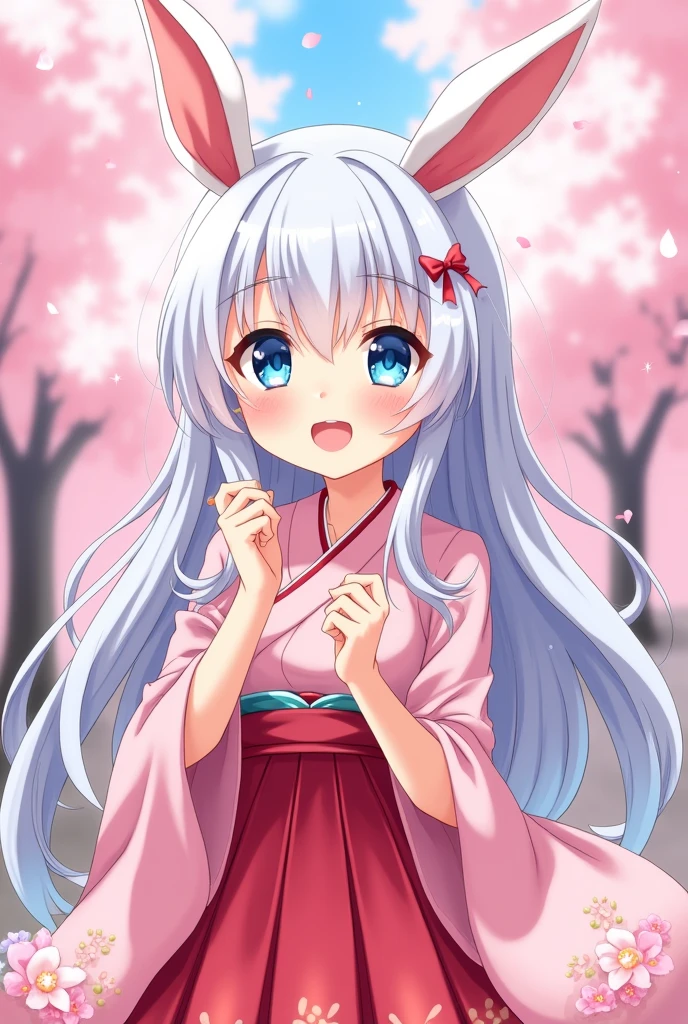 Anime girl kawaii with white long hair blue eyes bunny ears and pink japanese uniform