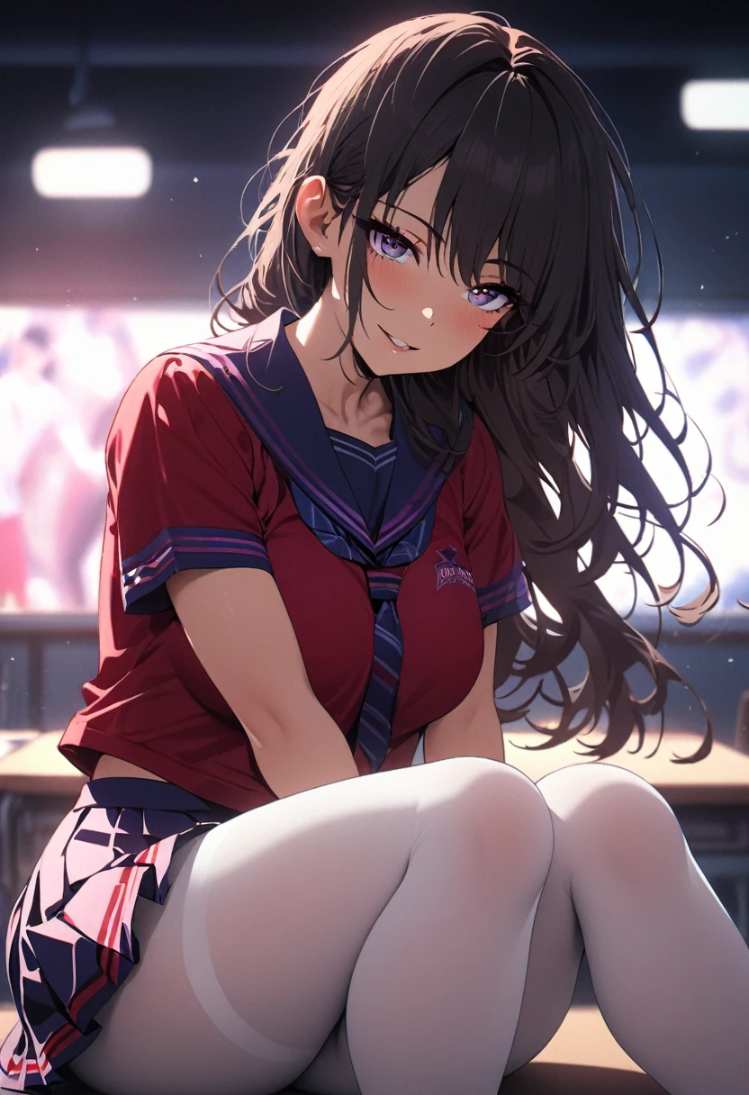 masterpiece, best quality, 1 girl, alone, cheerleader, health beauty, a handsome face, beautiful body, long legs, white skin, fine portrayal, Ultimate Details, b,,(blush:0.5),seductive expression, extremely detailed_eyes, thick thighs, large breasts, beautifully detailed background, depth of field, long shot,1girl, shirt,pleated skirt, school uniform, sitting, full body, (ambient light:1.3),(cinematic composition:1.3),(neon lights:0.1),(HDR:0.1),Accent Lighting, white pantyhose, Dance, Smile, classroom backgrounds,