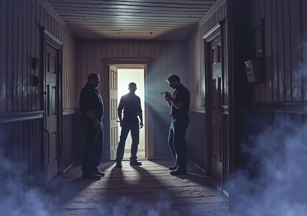 (3 Men:1, no light, no lamps, Moonlight from the window, Dark room:1), various positions in the room, one at the back by the door, in the middle a man with a walkie talkie, Flashlight in hand, Flashlight illuminates the room, Ghost Hunt, (evil spirit of a deceased person very blurred in the background, ghost to recognize in the photo), (design from the game Phasmophobia, items from the game Phasmophobia), old wooden house, Photo taken from a digital camera, amateur photo, blue filter due to poor camera quality, realistic image