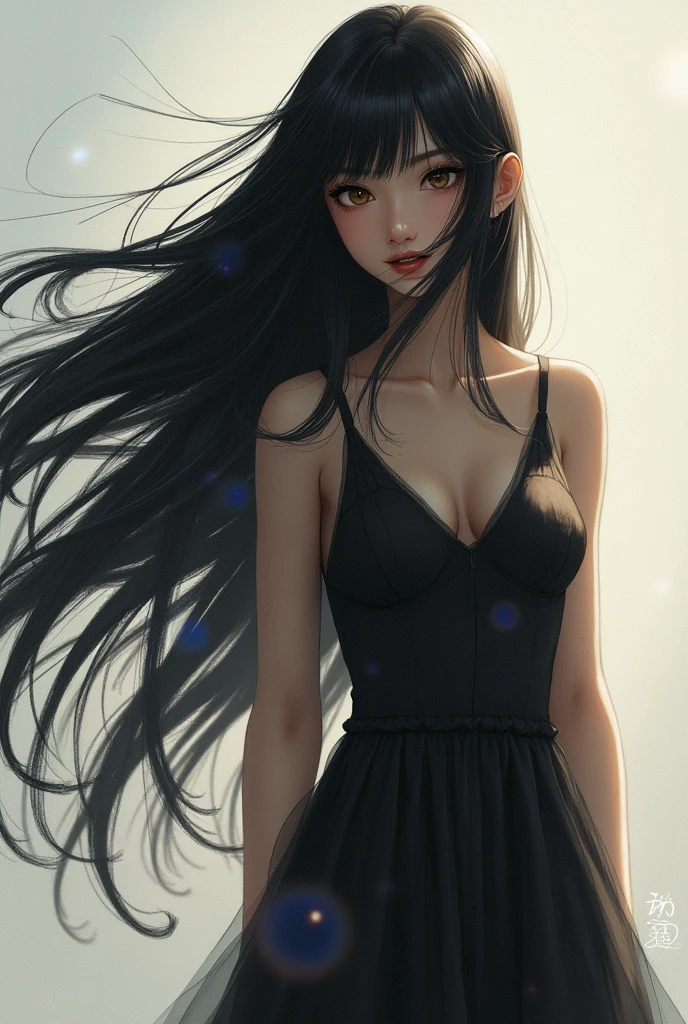 A young woman , 独奏, longye hair, very long hair, tusk, ass pov, Lens flare, minimalism, Decoration art, high resolution, Masterpiece artwork, precise, Teeth fangs, slightly-smile, simple background, Chromatic aberration, Lines of action, minimalism, illustration, 