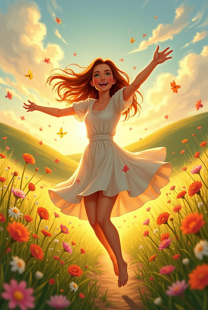 Create for me 7 sequel step of a happy woman dancing in greenred rose vally