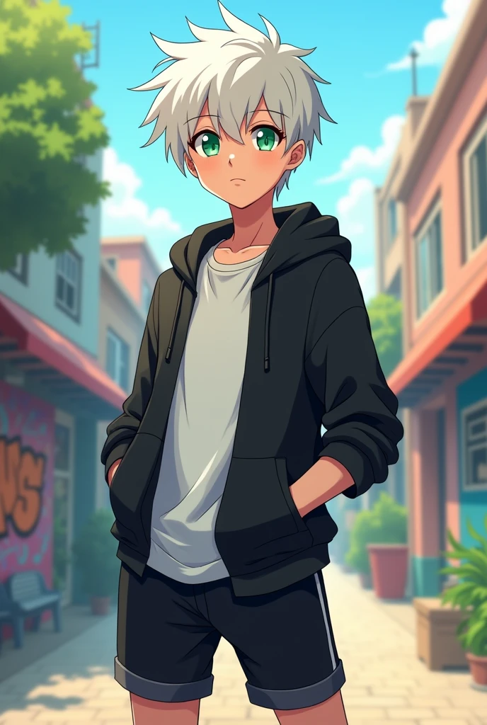 (anime type) a teenage boy man ,with short, albino hair and green aquamarine eyes, with slim body, with a white shirt and a black sweatshirt, He's wearing short pants