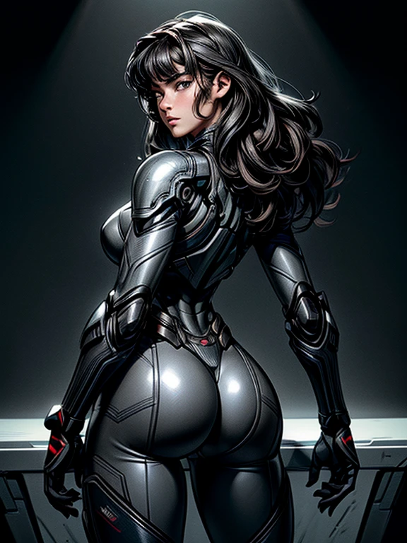 masterpiece, best quality, ultra realistic, hyper-detailed, 8k resolution, RAW photo, sharp focus, (1girl), solo, gorgeous face, slim body, teen female, 15yo,  portrait, mecha, dark grey armor, nanosuit, sexy, messy hair, cinematic, butt, Buttocks, cinematic light, dark theme