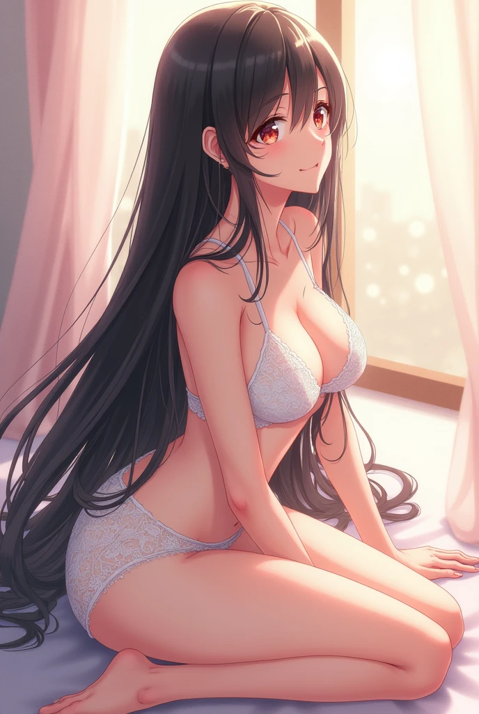 Perfect body、beautiful girl、Facing forward、Big Breasts、White bra、White panties、Long black hair、Thin legs、Japanese、Upper Body、anime、Looking up、Lace Lingerie、Squat on the floor