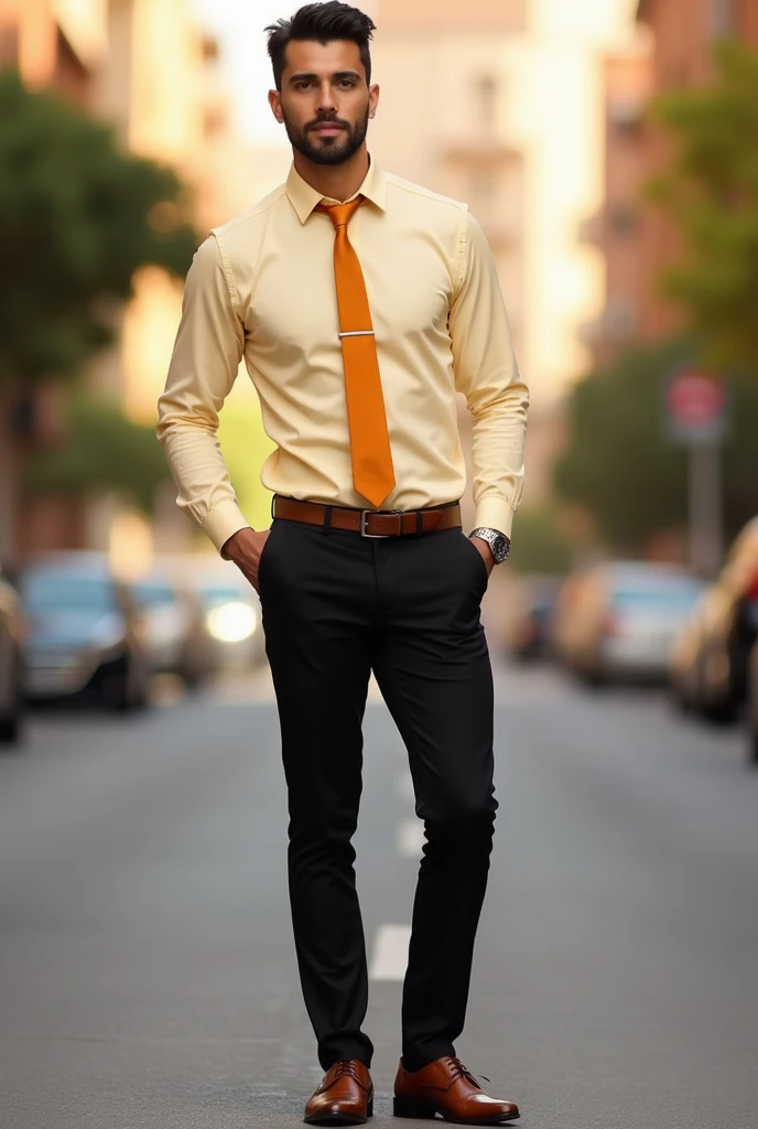 Man wearing a light pastel yellow long-sleeved shirt, marmalade tie and black pants brown shoes
