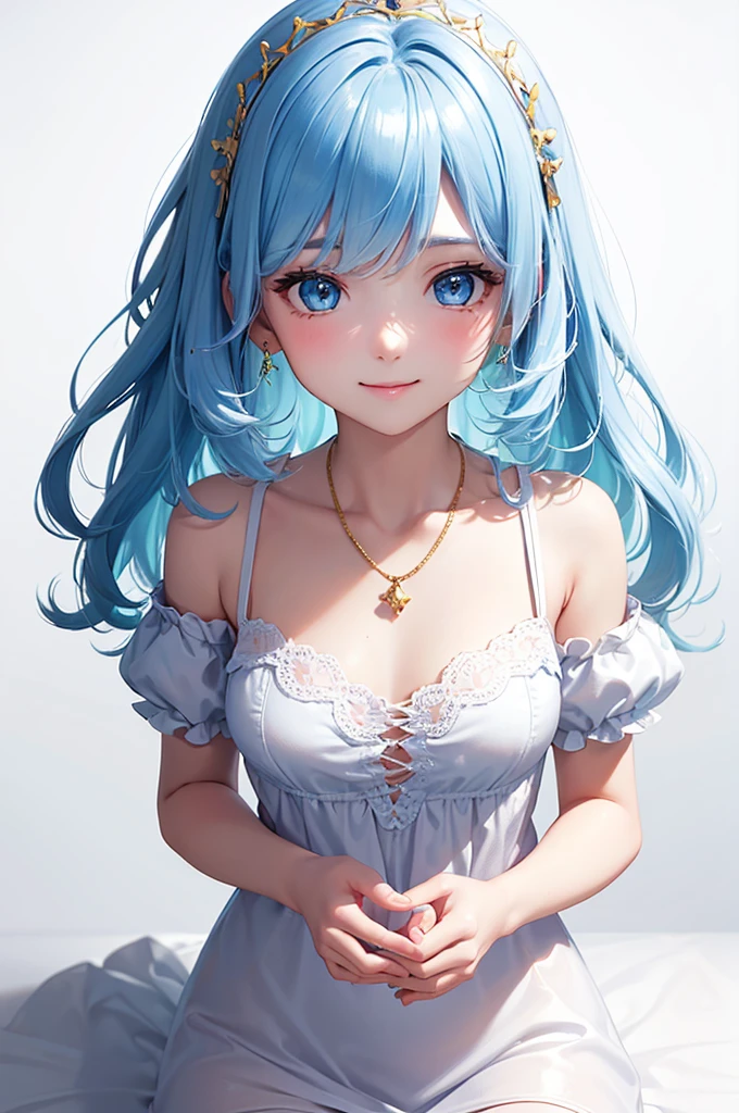 Best Quality,High resolution,8k,(plain white background, no patterns, no textures, just a plain white background:1.3),Masterpiece:1.2),beautiful girl,Shiny light blue hair,messy hair,Light blue eyes,black lace short-sleeved blouse,Pink Checkered Mini Skirt,gold necklace and pink ribbon hair accessory,White lace-up shoes,Simple white background、make them stand out,Gentle look,A refreshing look,smile,Best quality,Best Quality,Aesthetic and aesthetic:1.2,Best details((Super detailed))(High-definition CG illustrations),Slender body,smile,blush,cute,Scrounge,Looking up,Being spoiled,super model