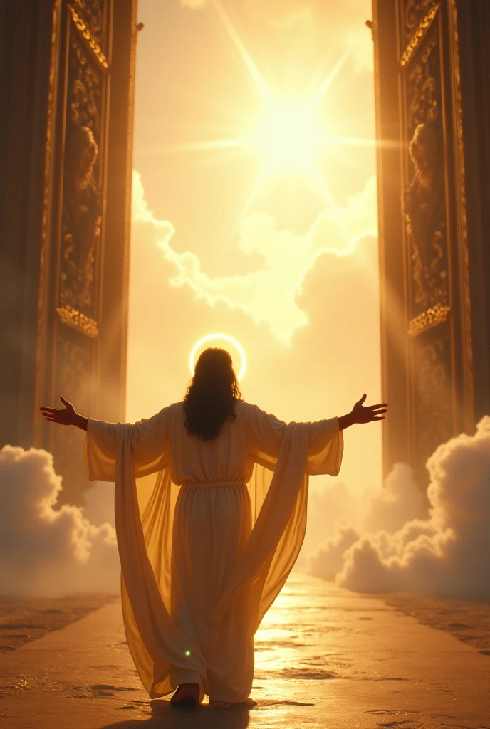 Image of Jesus at the gates of heaven with open arms receiving Silvio Santos also with open arms in a fraternal embrace