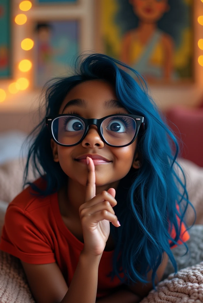 Dark skinned girl with big tits, blue hair and glasses face up with index finger in mouth
