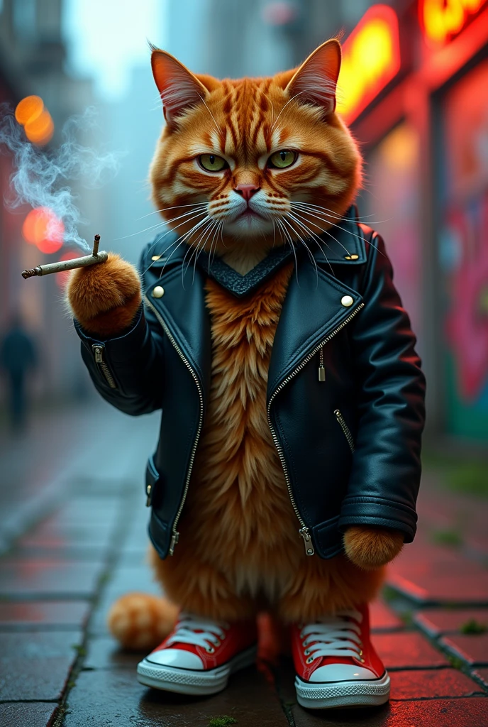 Cat stands smoking weed and were jacket and shoes in angery mood