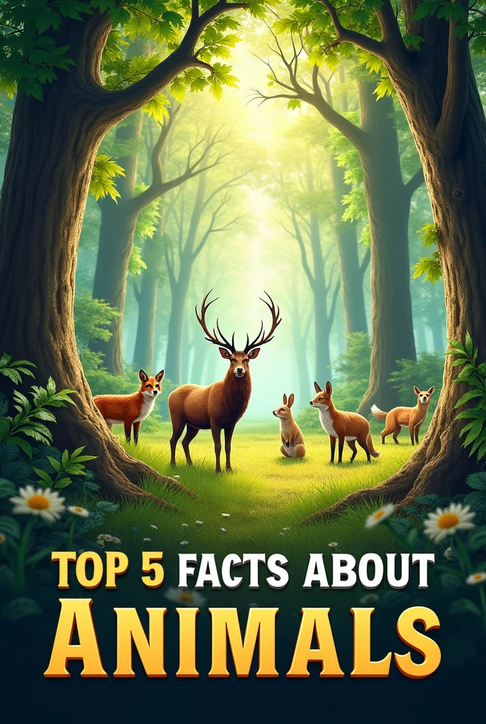 Some wild animals and forest in the background and Top 5 facts about animals written on the image in 16:9 ratio for the youtube video thumbnail 