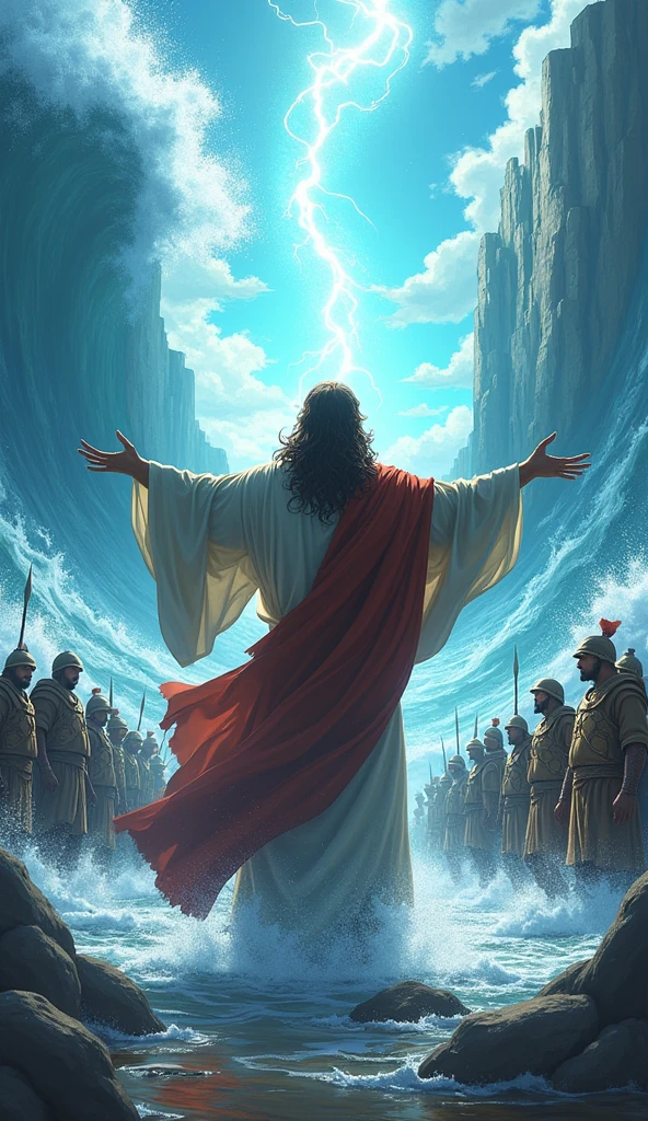 Anime Moses hitting the sea and splitting it in half and behind him Pharaoh's soldiers The sea is divided and each part is very high.  