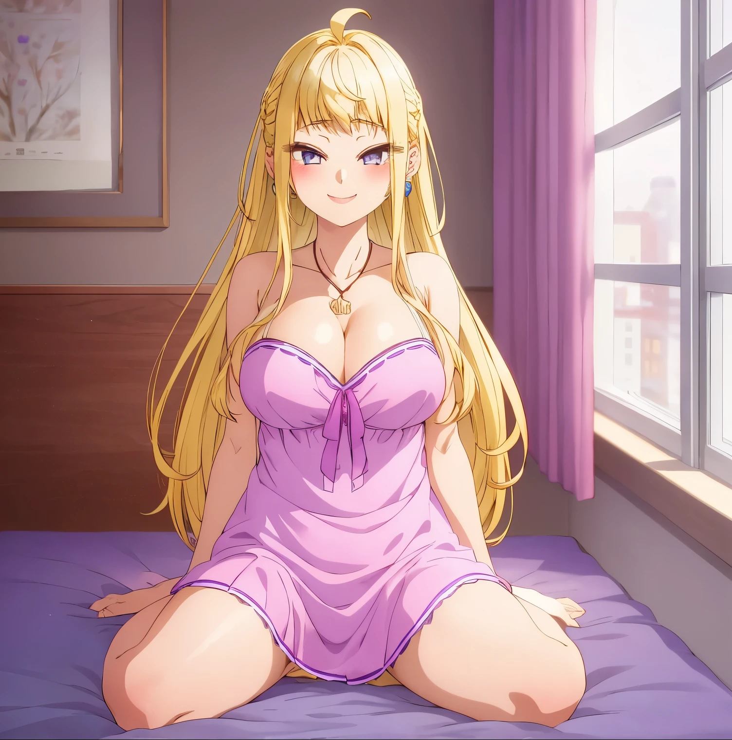 1girl, alone, minami fuyuki,masterpiece,best quality,highres,ultra-detailed,bbminami,long hair,large breasts,ahoge,earrings,necklace,dress,pink dress,shirt,bare ,indoors,bed,sitting,wariza,smile,(blush:1.2),big breasts, medium waist, wide hips, wide thighs, long blonde hair, violet eyes, earrings in her ears, excellent anatomy, excellent hands 