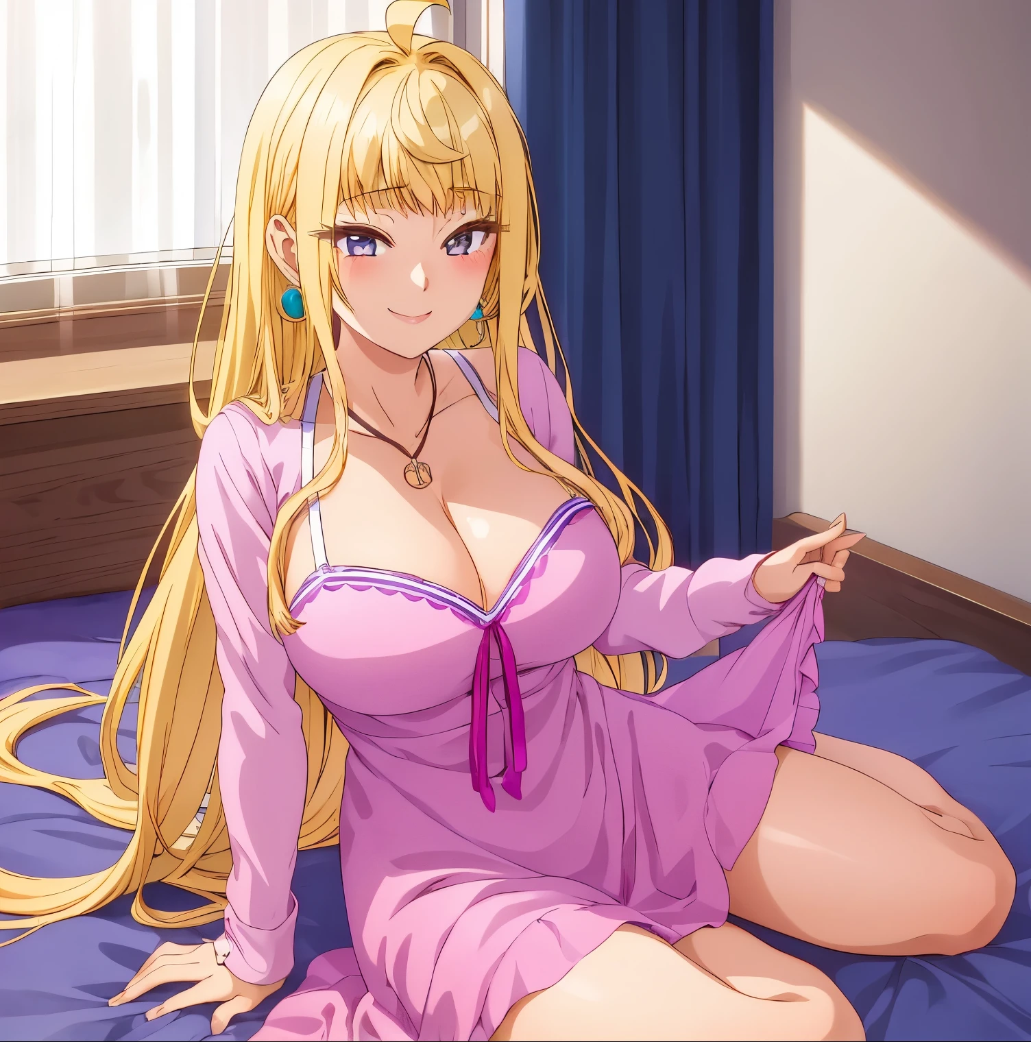 1girl, alone, minami fuyuki,masterpiece,best quality,highres,ultra-detailed,bbminami,long hair,large breasts,ahoge,earrings,necklace,dress,pink dress,shirt,bare ,indoors,bed,sitting,wariza,smile,(blush:1.2),big breasts, medium waist, wide hips, wide thighs, long blonde hair, violet eyes, earrings in her ears, excellent anatomy, excellent hands 