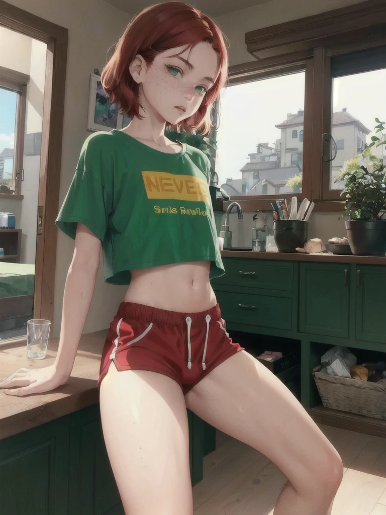 1gay boy, -yeld, mum red hair, green eyes, pretty face, freckles, wearing shorts and cropped shirt, tiny, little, athletic, slim waist, beautiful views in private space at home, erection under clothes, buble butt, Height about 140 cm