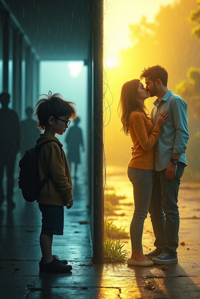 Create an image depicting two contrasting scenes of a child facing bullying at school and on the second family support. On the left side, show a child who is being bullied, looking down with a sad expression, feeling isolated and vulnerable, with darker, rainy more muted colors to reflect their loss of confidence and the hostile and depressive , heartbreaking environment around. On the right side, show a child who has been protected by family and parents, standing confidently with a supportive parent around child, with brighter, warmer colors to highlight their regained sense of security, positivity and smiling.