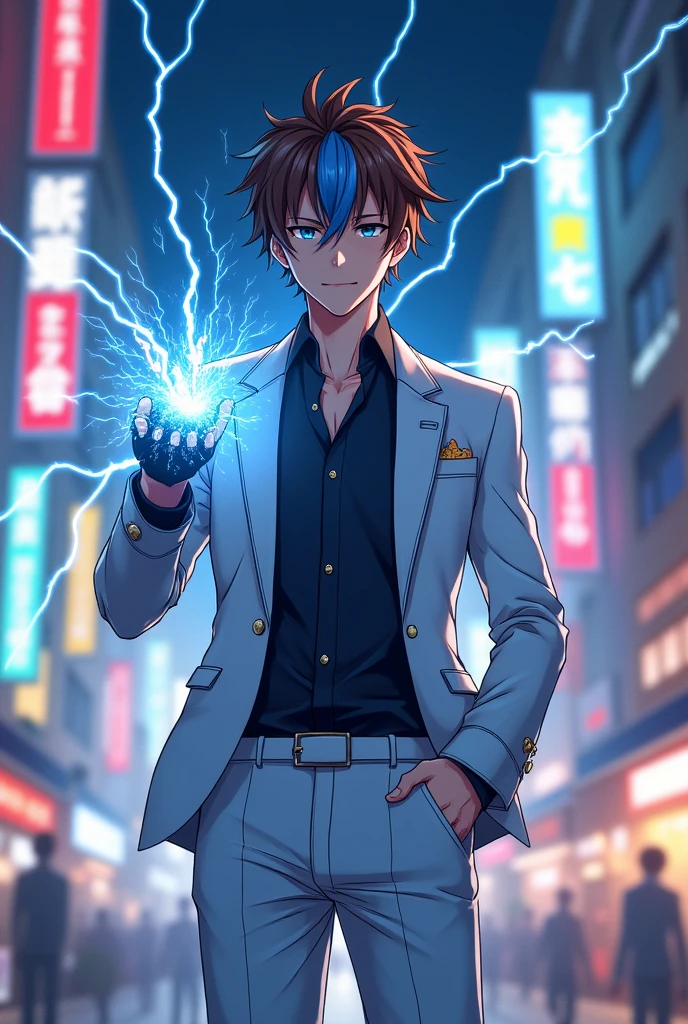 A male anime protagonist with brown hair that has a streak of a different color., that they wear a simple but stylish Japanese uniform
And with electrical powers