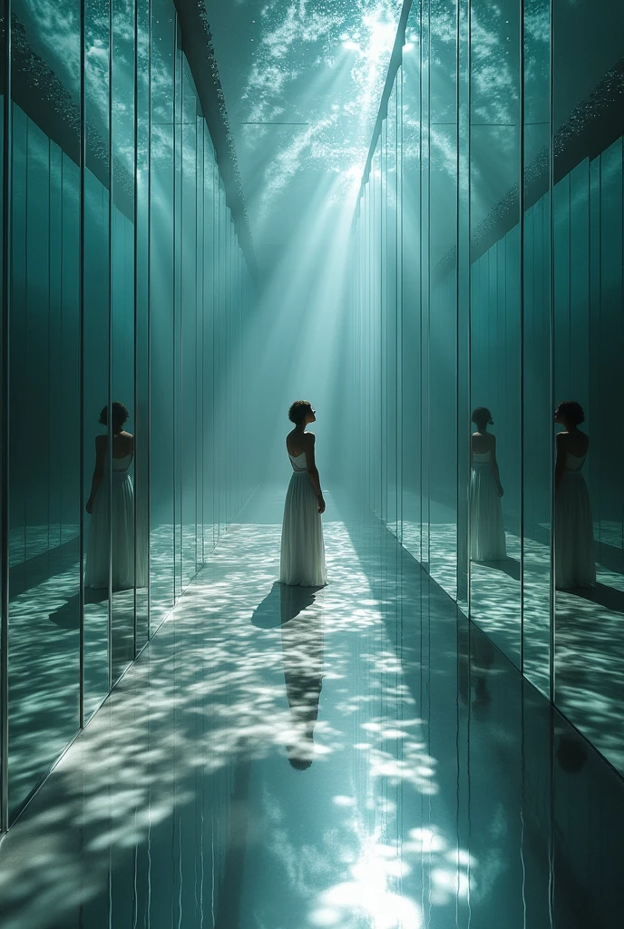 A room of mirrors with projected shadows.