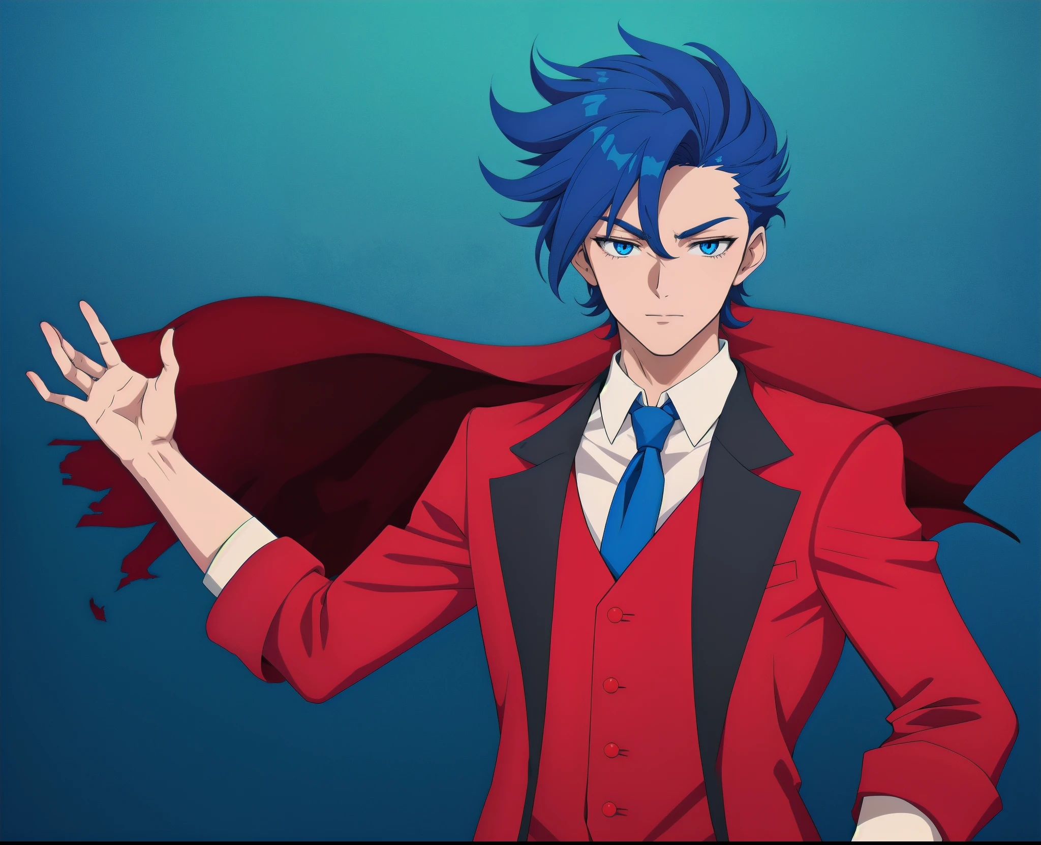 anime boy, dark blue hair, blue eyes, red suit, red coat, blue tie (beautiful and aesthetic:1. 5), thick black lineart, clean lineart, perfect lineart, sharp lineart, best quality, high quality, best quality, ultra-detailed, HD, beautiful lighting, 