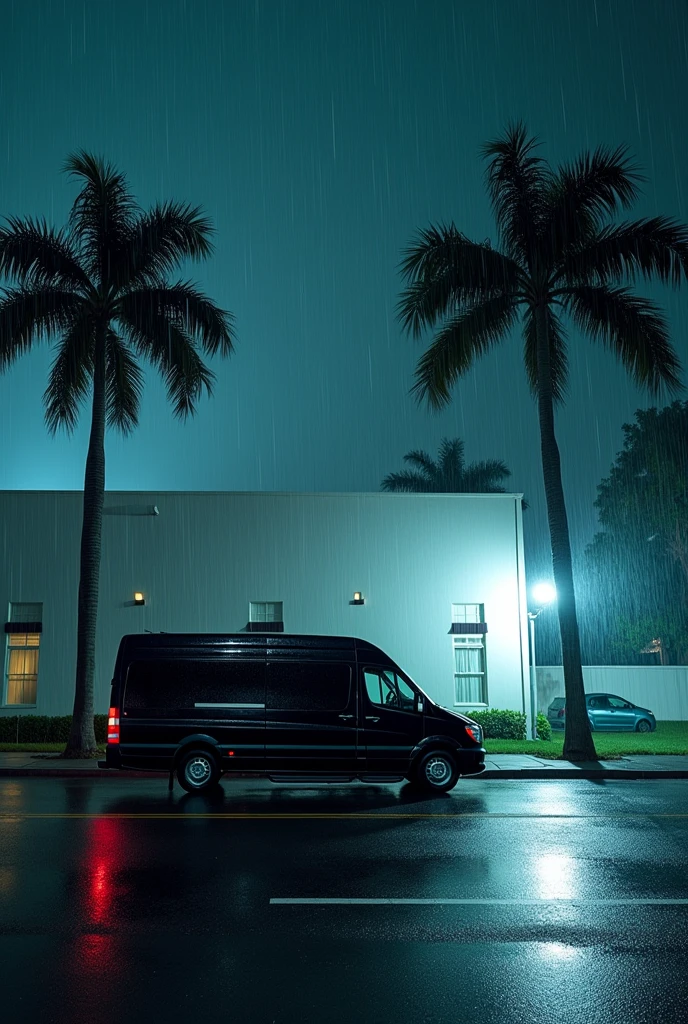 night scene, LONG SHOT. 

It was a stormy night at first glance you can see a rather large white clinic. Around the clinic, palm trees sway due to the heavy rain., on the sidewalk side of the street. A black van is seen. 