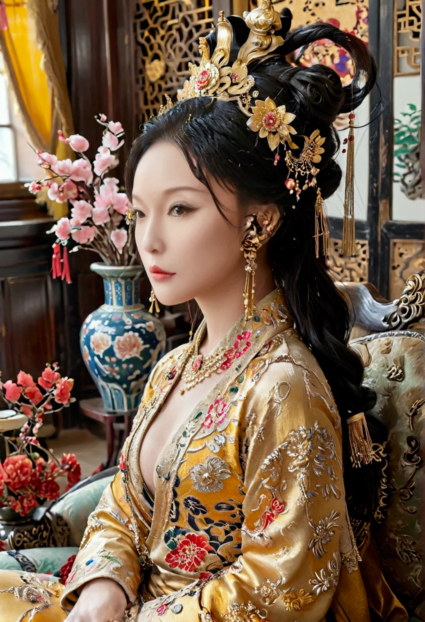 A lavish Empress of China's Qing Dynasty, sitting on a large golden sofa, Wearing a crown, completely naked., she is facing away, showcasing her large bosom and massive rear., I see her face.（Porn Pose） Tie your hair on both sides、Beautiful Chinese empress wearing a crown、Background of kinky and erotic woman tying her hair、The story is set in the opulent rooms of the empress&#39;s palace in China during the Qing Dynasty.。.。
