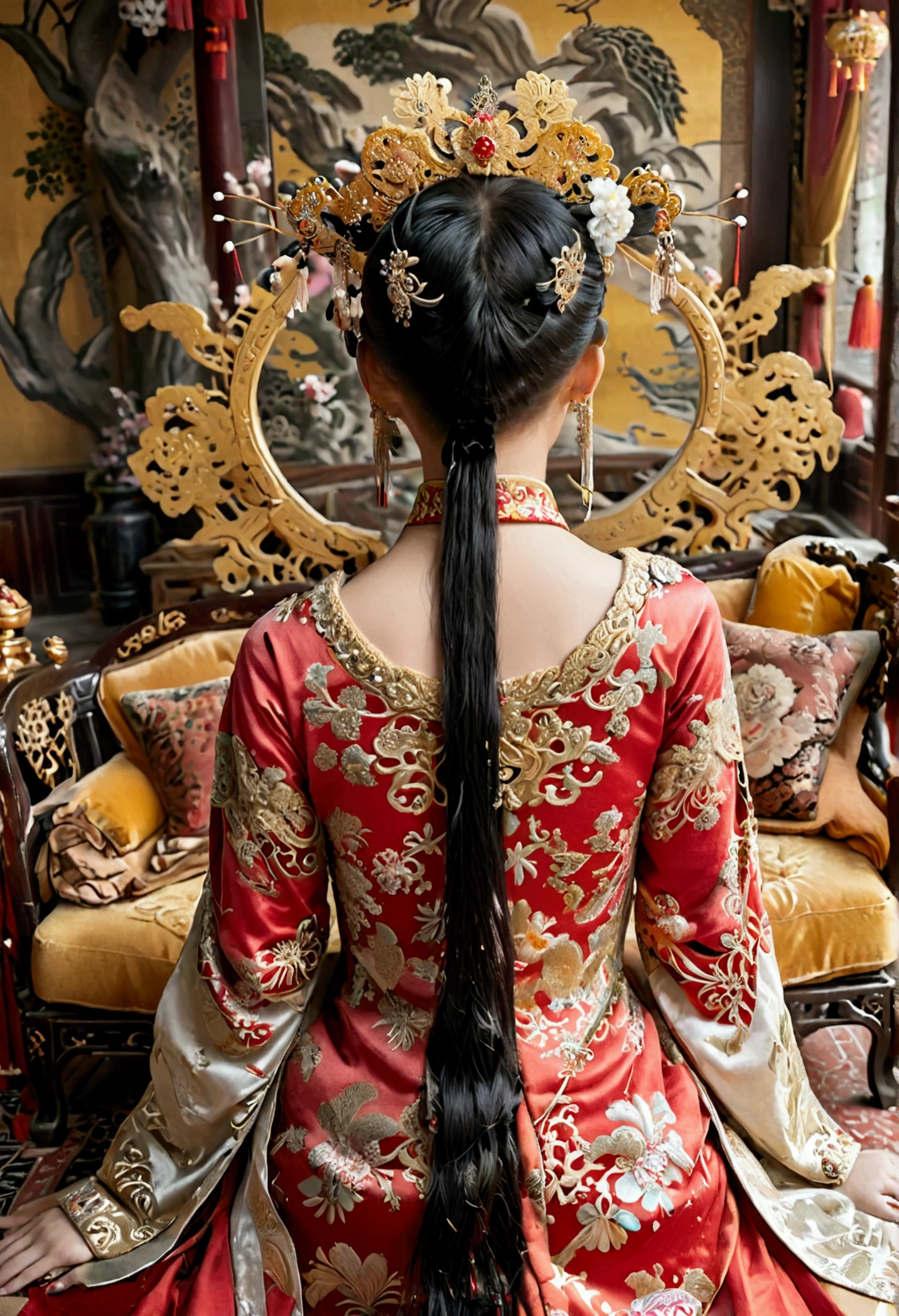 A lavish Empress of China's Qing Dynasty, sitting on a large golden sofa, Wearing a crown, completely naked., she is facing away, showcasing her large bosom and massive rear., I see her face.(Porn Pose) Tie your hair on both sides、Beautiful Chinese empress wearing a crown、Background of kinky and erotic woman tying her hair、The story is set in the opulent rooms of the empress's palace in China during the Qing Dynasty.。.。