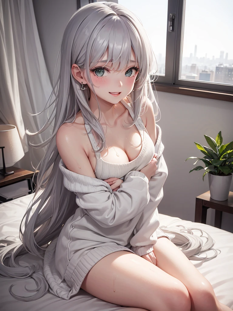 1Girl, Solo, Anime, Proportional body, (Cleavage, Small Breast). Beautiful, Gorgeous, Fresh, Blunt Bangs, (White Grey Hair:1.5),(Straight and Wavy Long Hair:1.3), Virgin Sweater, Off-Shoulder, Oversize Sweater, Cotton Sweater, No BRA, Loose Cloth, Cotton, Texture Wool. (Sitting:1.3), Earrings, Thin Black Headband, Green Accessories, Environmental Details, Bed Room, Natural Light, Modern Bed, Chair, Window, White Curtain, City View. pov, anime style, UHD, retina, masterpiece, accurate, anatomically correct, textured skin. High Resolution, Looking at viewer, Blush, Best Quality, Award Winning, Accurate, Embarrassed, seductive smile, Body sweating, Naughty Face, Naughty smile, Gradient Eye Color, Sexy pose, Cowboy Shot, Perfect Pupil, Sweating, Sweat on Body, sweat on breast.